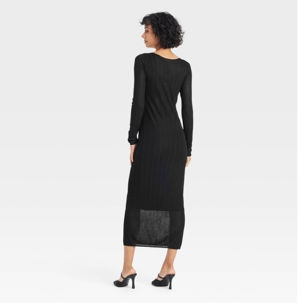 A New Day Plisse Midi Dress Womens XL Black NEW Long Sleeve Column Boat Neck - Picture 2 of 9